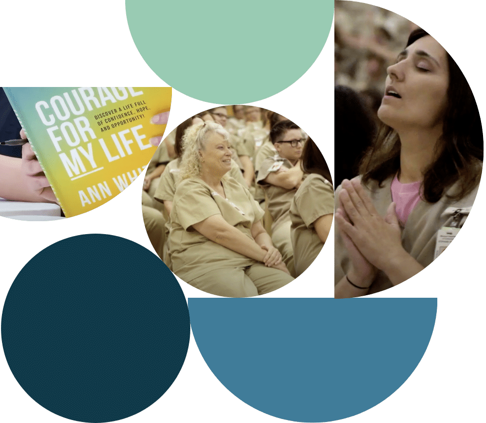 Courage for Life book and two women inmates worshipping